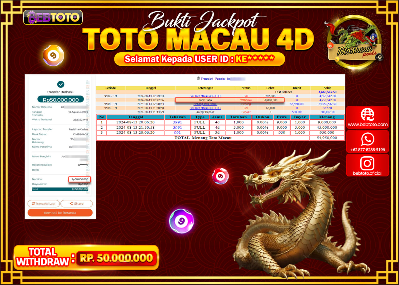 JACKPOT TOGEL BEBTOTO TOTO MACAU POOLS Rp.50.000.000.,- LUNAS