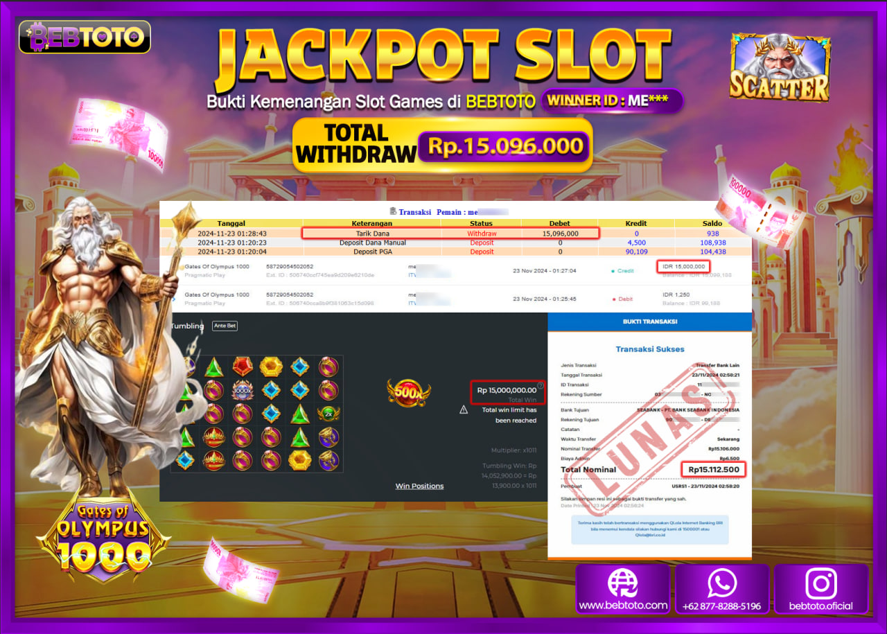 JACKPOT SLOT BEBTOTO GATES OF OLYMPUS 1000 Rp.15.096.000.,- LUNAS