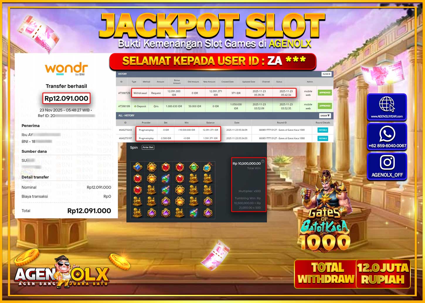 AGENOLX JACKPOT  SLOT GATES OF GATOT KACA 1000 Rp 12,091,000,- LUNAS