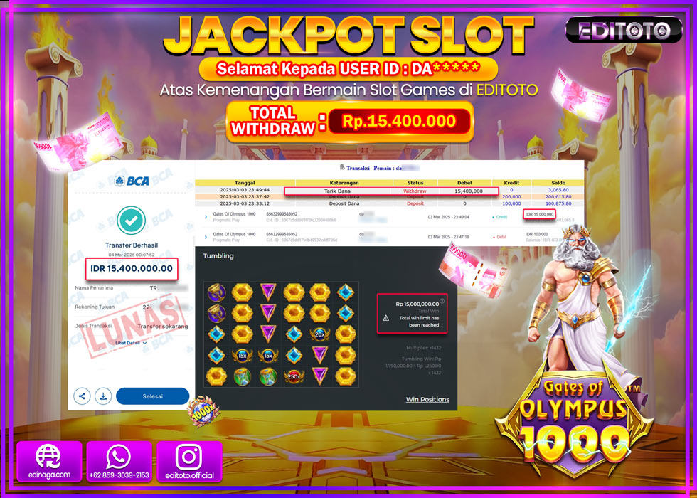 JACKPOT SLOT GATES OF OLYMPUS 1000  Rp.15.400.000.,- LUNAS