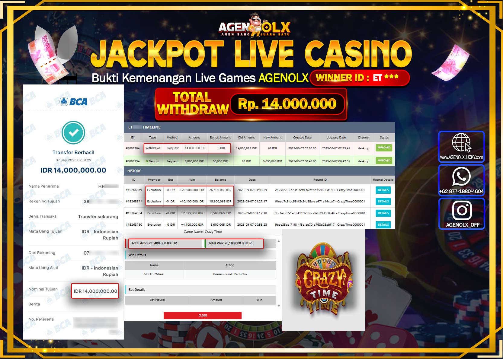 AGENOLX JACKPOT LIVE CASINO CRAZY TIME Rp 14,000,000,- LUNAS