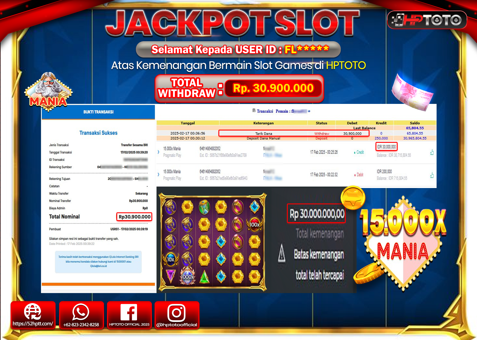 HPTOTO JACKPOT SLOT 15.000X MANIA Rp.30.900.000,- LUNAS