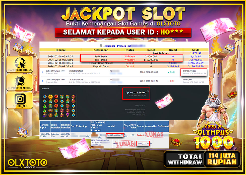 OLXTOTO JACKPOT SLOT GATES OF OLYMPUS 1000 Rp.114.000.000.,- LUNAS