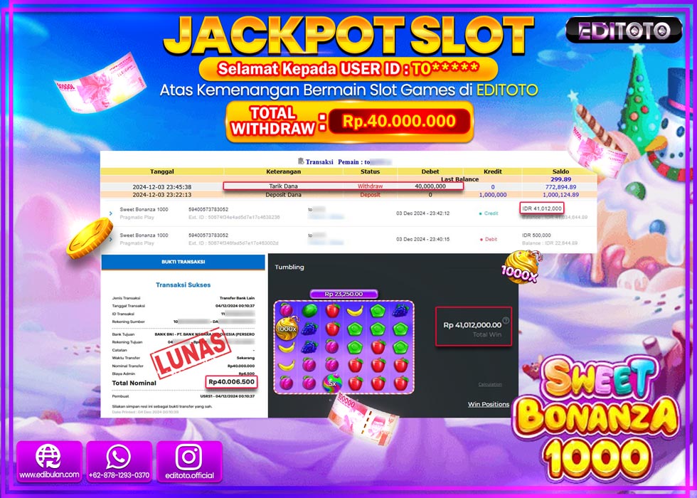 JACKPOT SLOT SWEET BONANZA 1000 Rp.40.000.000.,- LUNAS