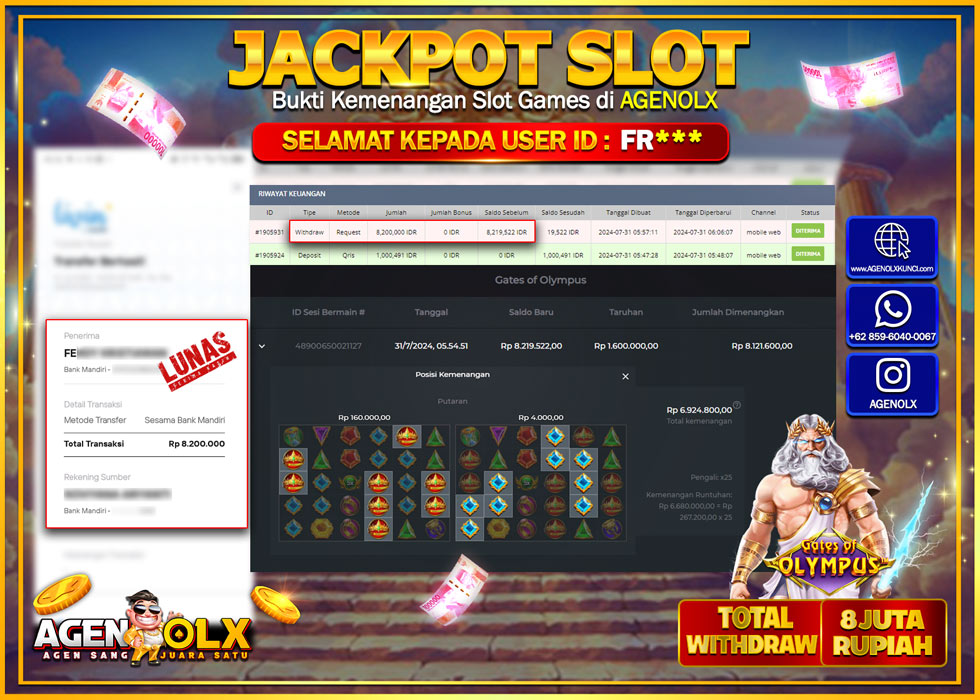 AGENOLX JACKPOT SLOT GATES OF OLYMPUS Rp.8.000.000,- LUNAS