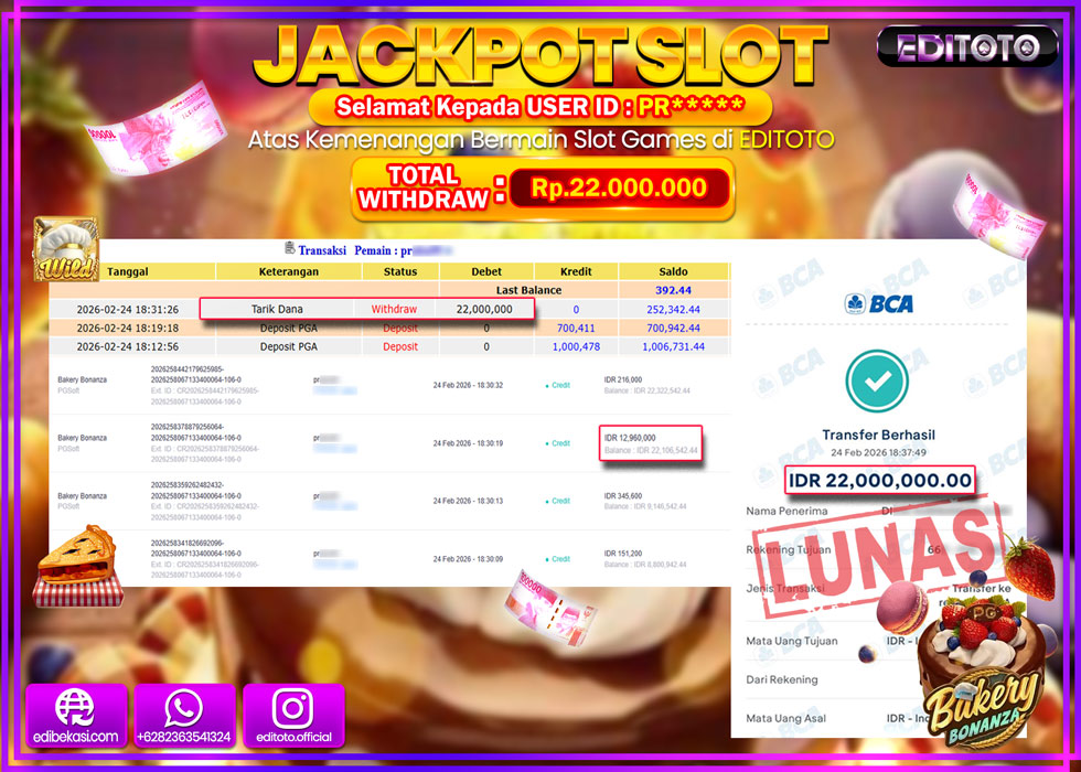 JACKPOT EDITOTO SLOT BAKERY BONANZA Rp.22.000.000,- LUNAS