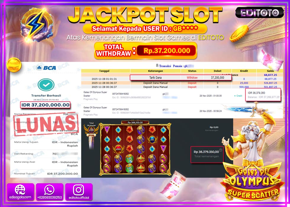 JACKPOT EDITOTO SLOT SUPER SCATTER GATES OF OLYMPUS  Rp.37.200.000,- LUNAS  