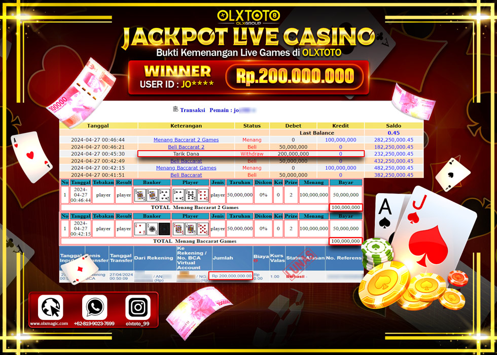 OLXTOTO JACKPOT LIVE GAME BACCARAT 2  GAMES Rp.200.000.000.,- LUNAS