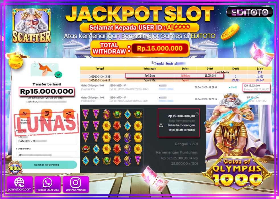 JACKPOT EDITOTO SLOT GATES OF OLYMPUS 1000  Rp.15.000.000,- LUNAS  