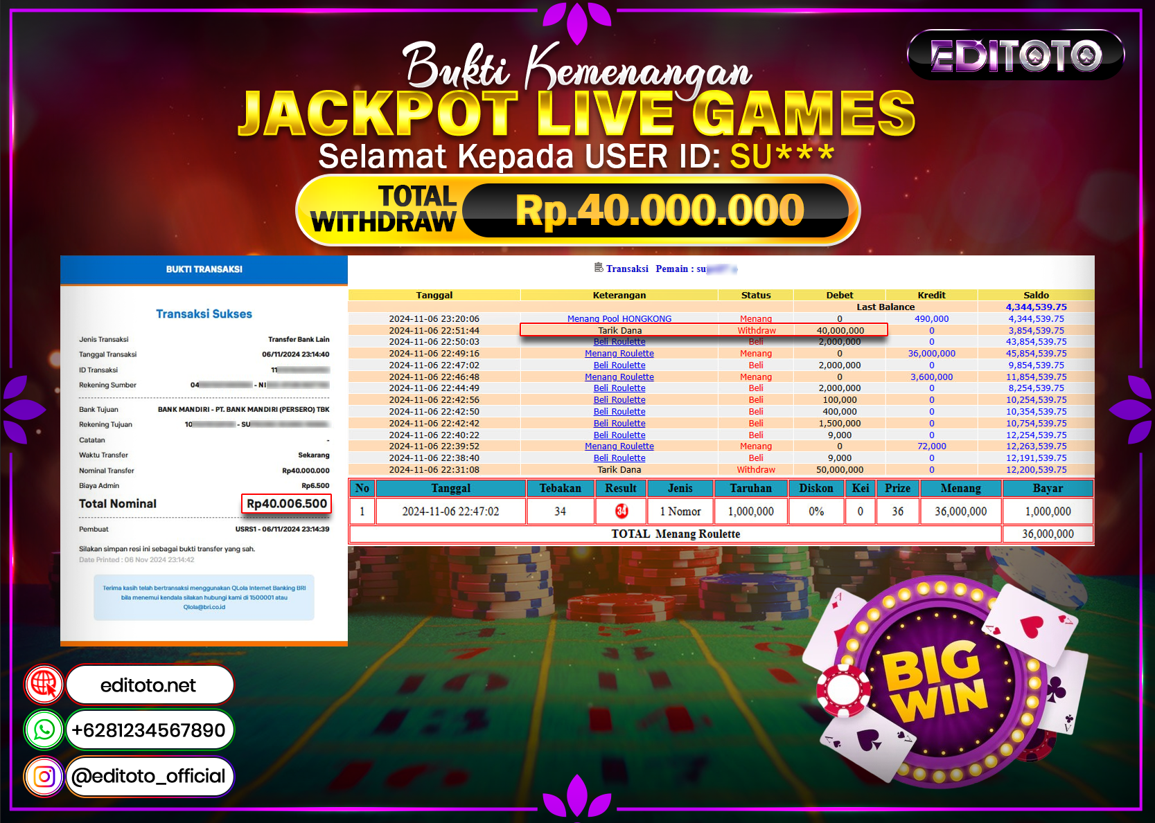 JACKPOT LIVE GAME ROULETTE Rp.40.000.000.,- LUNAS