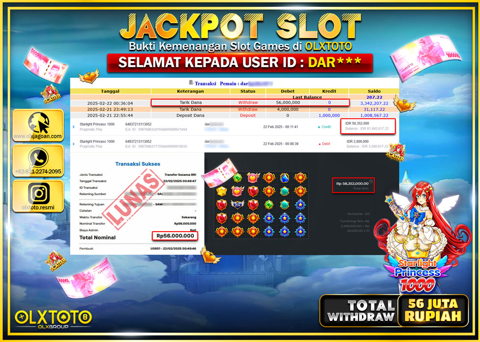 OLXTOTO JACKPOT  SLOT STARLIGHT PRINCESS 1000  Rp.56.000.000.,- LUNAS