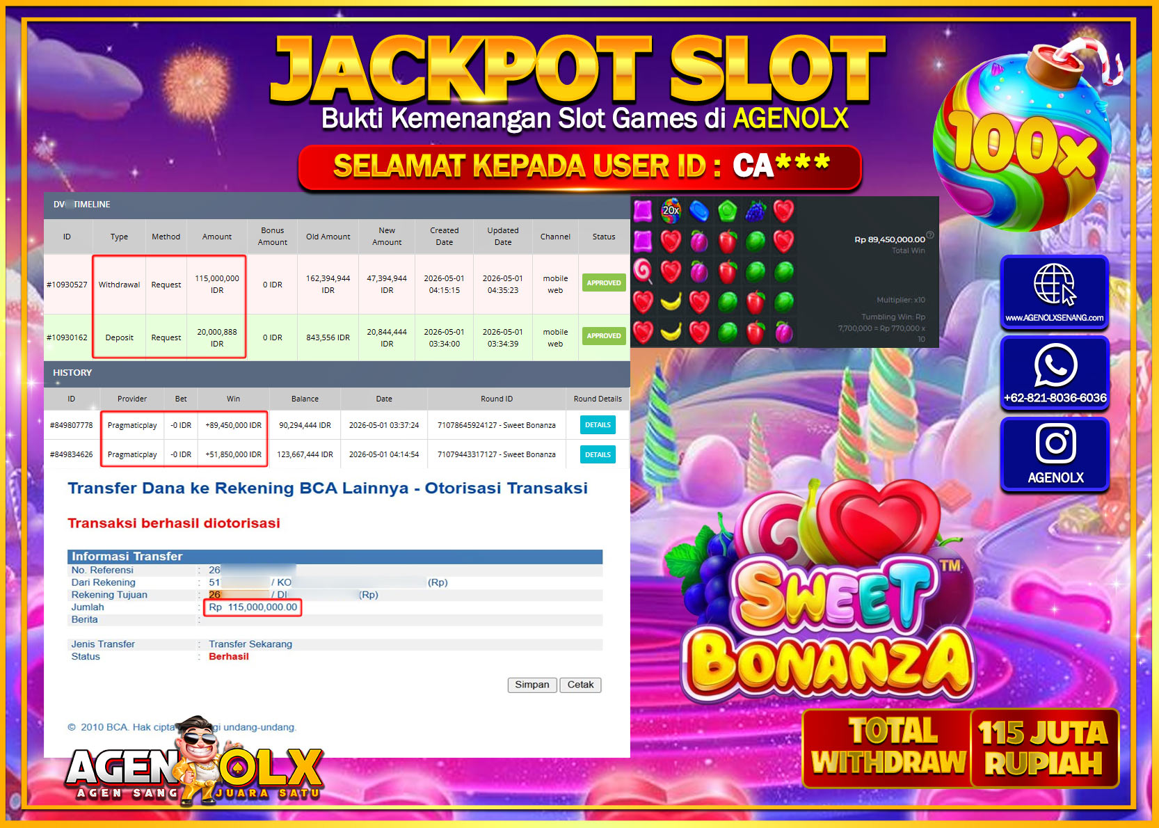 AGENOLX JACKPOT SLOT SWEET BONANZA Rp 115.000.000 - LUNAS