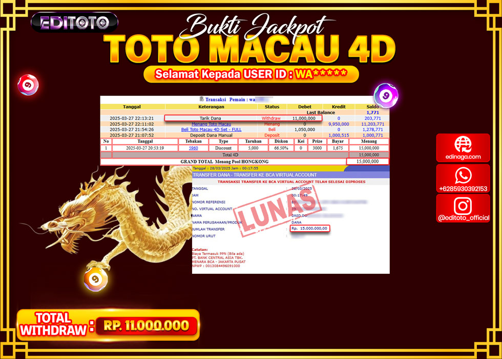JACKPOT EDITOTO TOGEL PASARAN TOTOMACAU 4D Rp.11.000.000.,- LUNAS