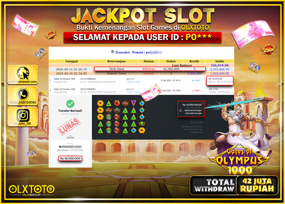 OLXTOTO JACKPOT SLOT GATE OF OLYMPUS 1000 Rp.42.000.000.,- LUNAS