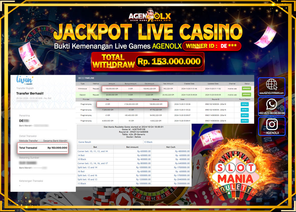 AGENOLX JACKPOT  CASINO SLOT MANIA ROULETTE  Rp 153.000.000,- LUNAS