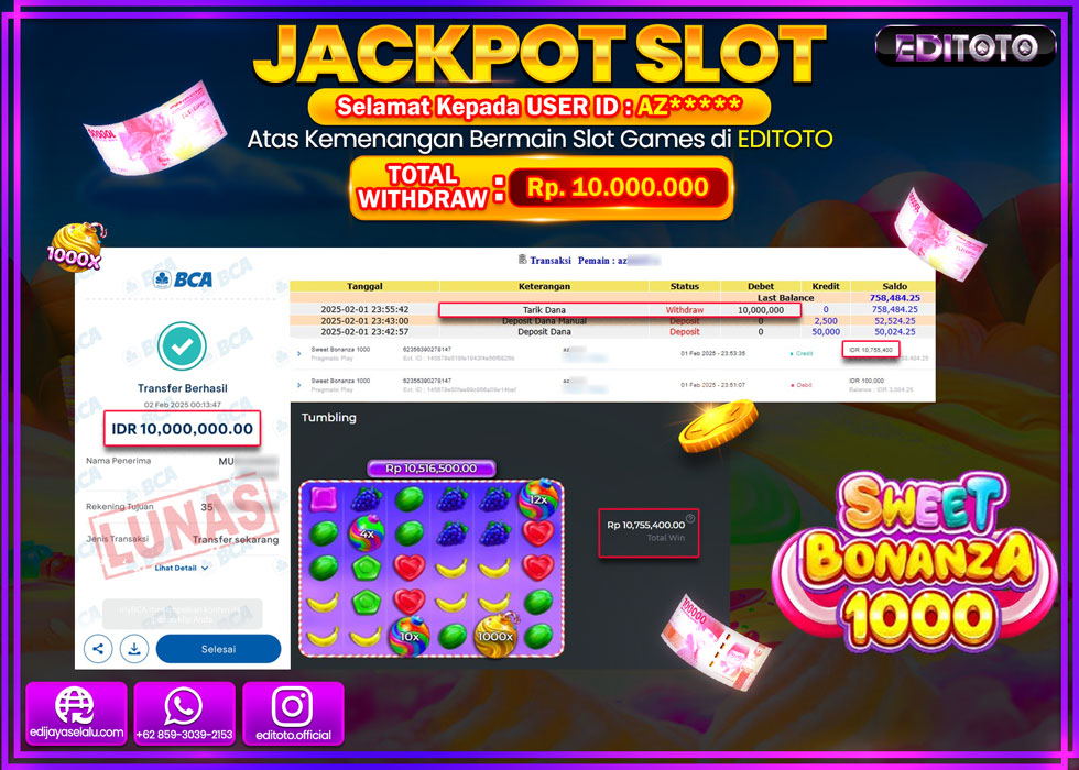 JACKPOT SLOT SWEET BONANZA 1000  Rp.10.000.000.,- LUNAS