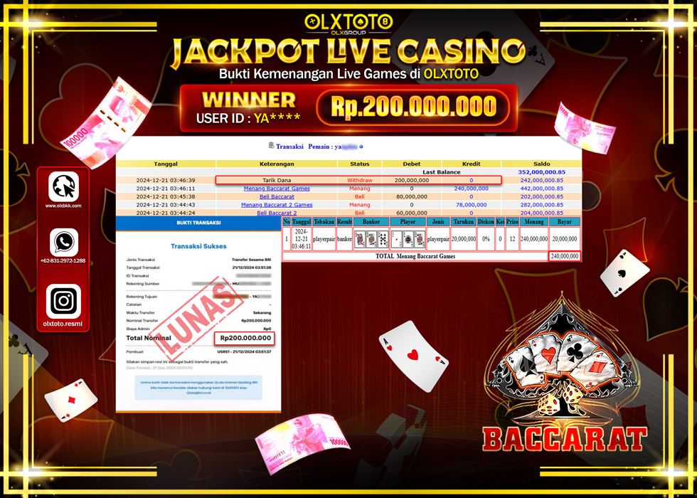 OLXTOTO JACKPOT  LIVE GAMES BACCARAT  Rp.200.000.000.,- LUNAS