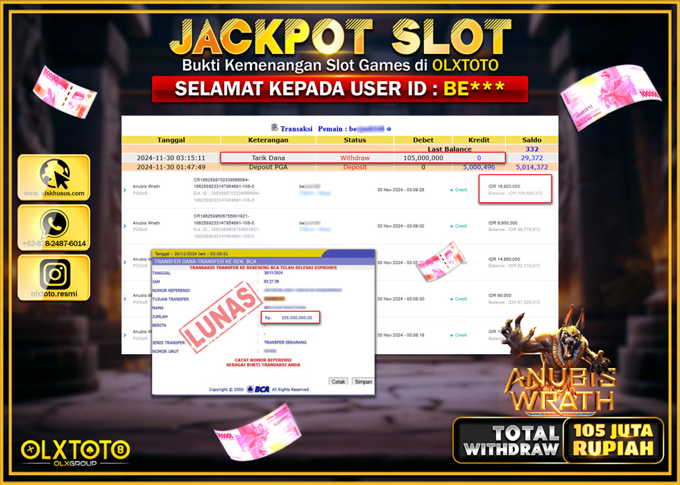 OLXTOTO JACKPOT  SLOT ANUBIS WRATH Rp.105.000.000.,- LUNAS