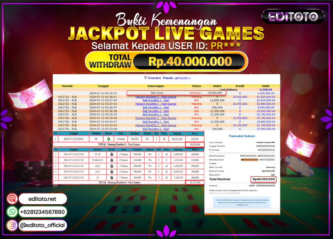 JACKPOT LIVE GAME EDITOTO ROULETTE Rp.40.000.000.,- LUNAS