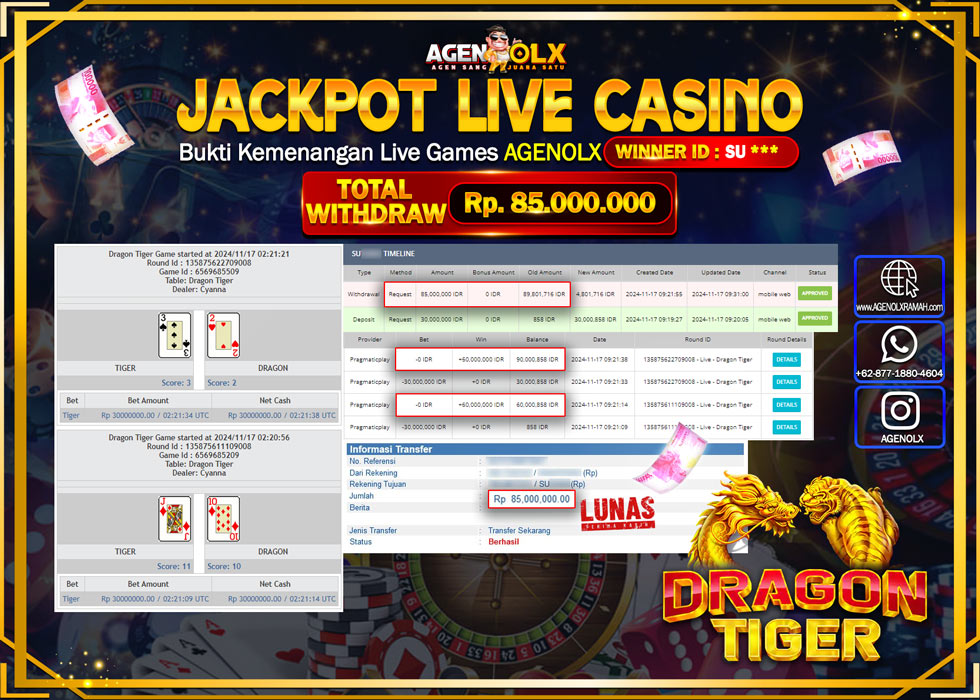 AGENOLX JACKPOT  LIVE CASINO DRAGON TIGER Rp 85.000.000,- LUNAS
