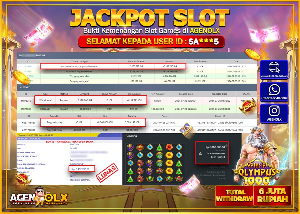 AGENOLX JACKPOT SLOT GATES OF OLYMPUS 1000 Rp.6.000.000,- LUNAS