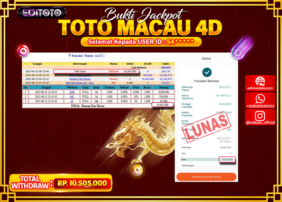 JACKPOT EDITOTO TOGEL PASARAN TOTO MACAU 4D Rp.10.505.000.,- LUNAS