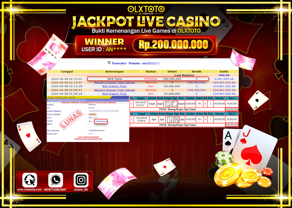 OLXTOTO JACKPOT LIVE GAMES DRAGON TIGER   Rp.200.000.000.,- LUNAS