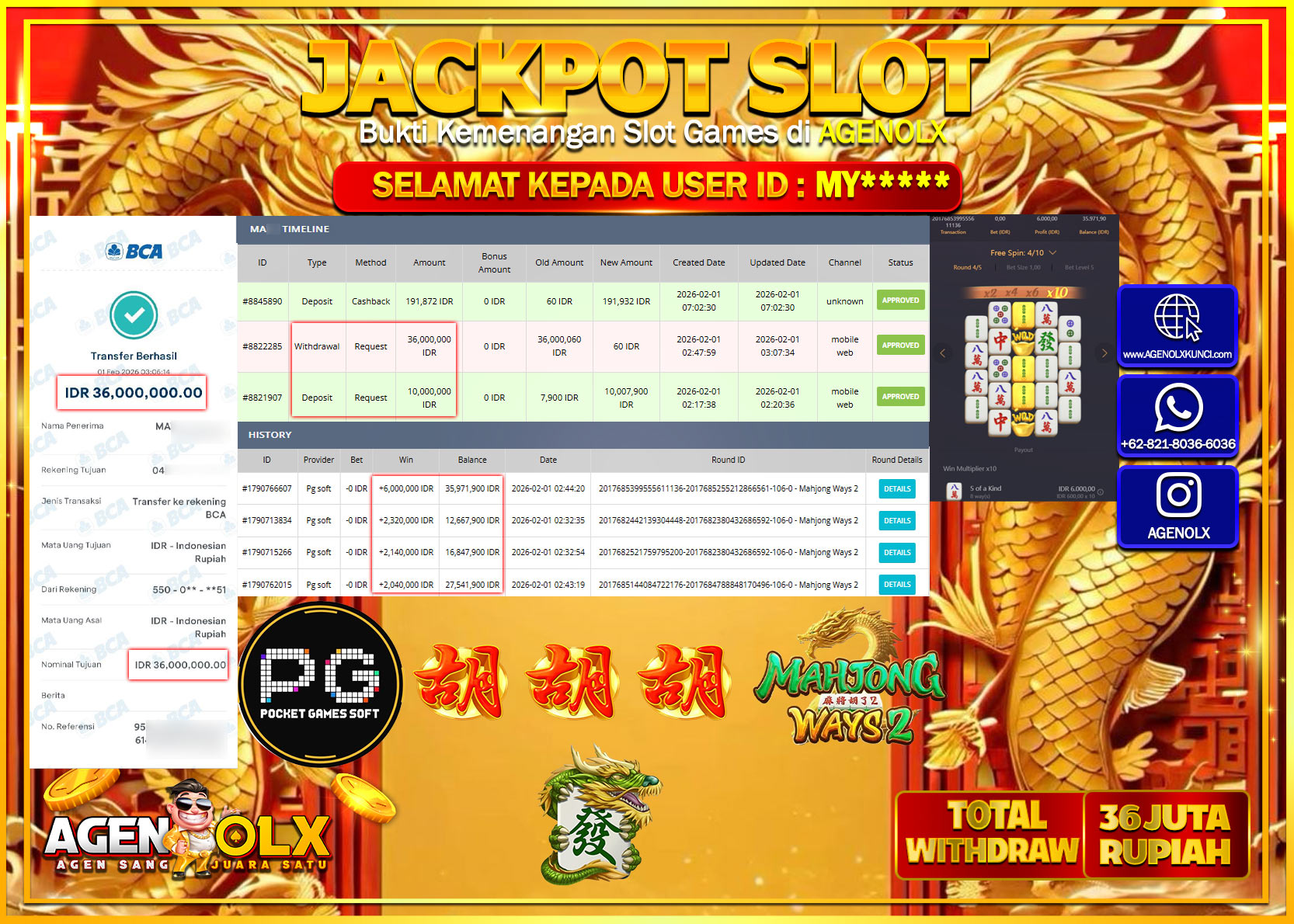 AGENOLX JACKPOT SLOT MAHJONG WAYS 2 Rp 36.000.000 - LUNAS