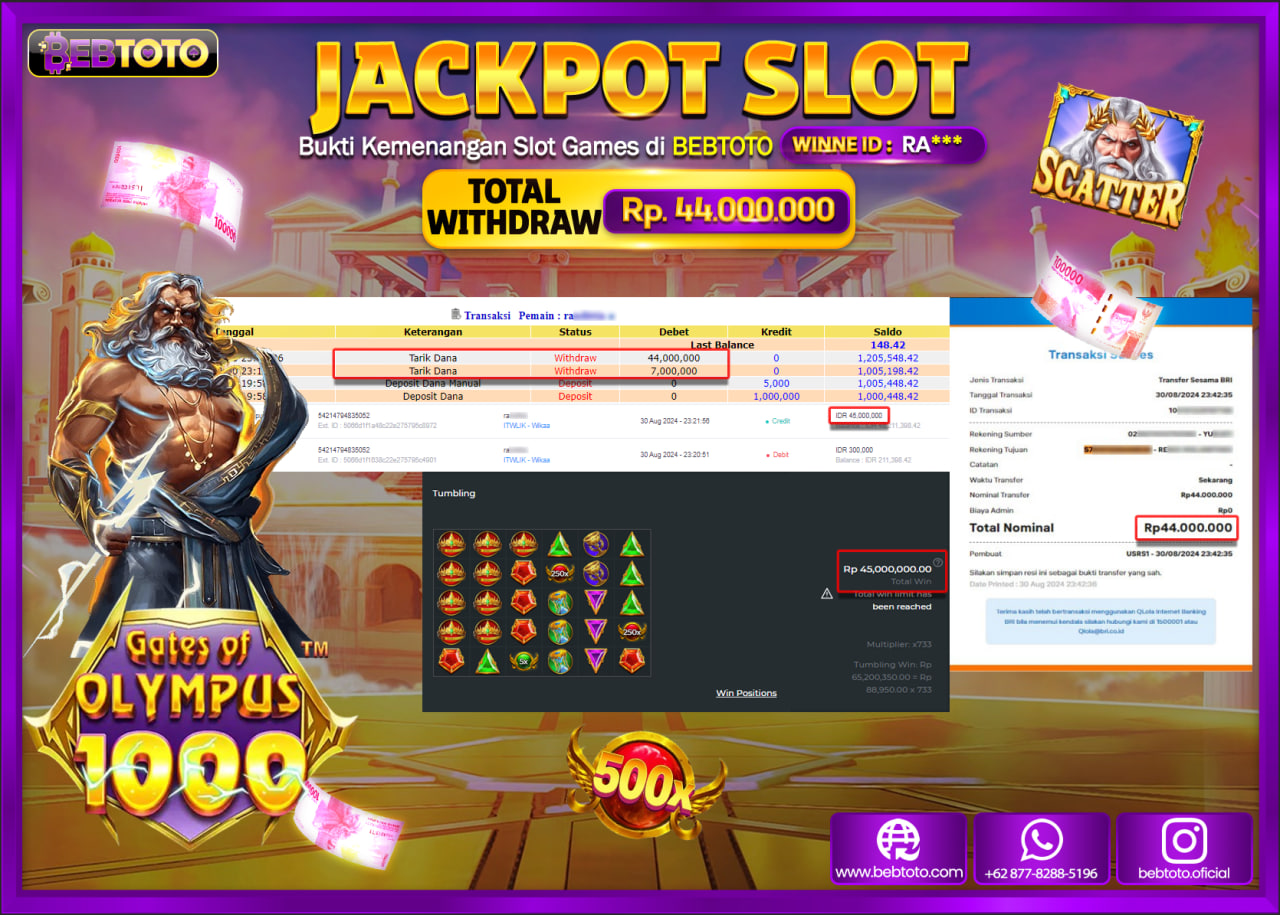 JACKPOT SLOT BEBTOTO Gates Of Olympus 1000 Rp.44.000.000.,- LUNAS