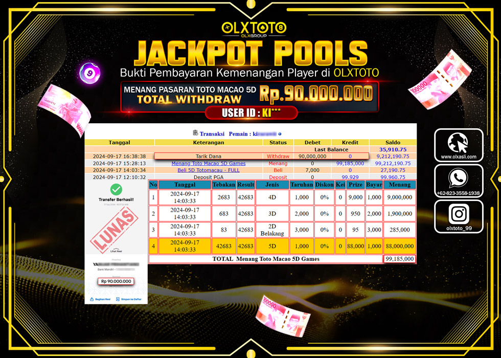 OLXTOTO JACKPOT  TOGEL POOL TOTO MACAO 5D Rp.90.000.000.,- LUNAS