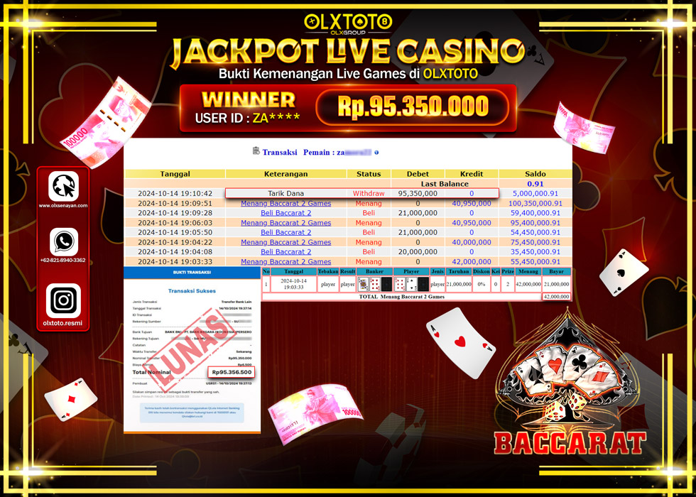 OLXTOTO JACKPOT  LIVE GAMES BACCARAT 2  Rp.95.350.000.,- LUNAS