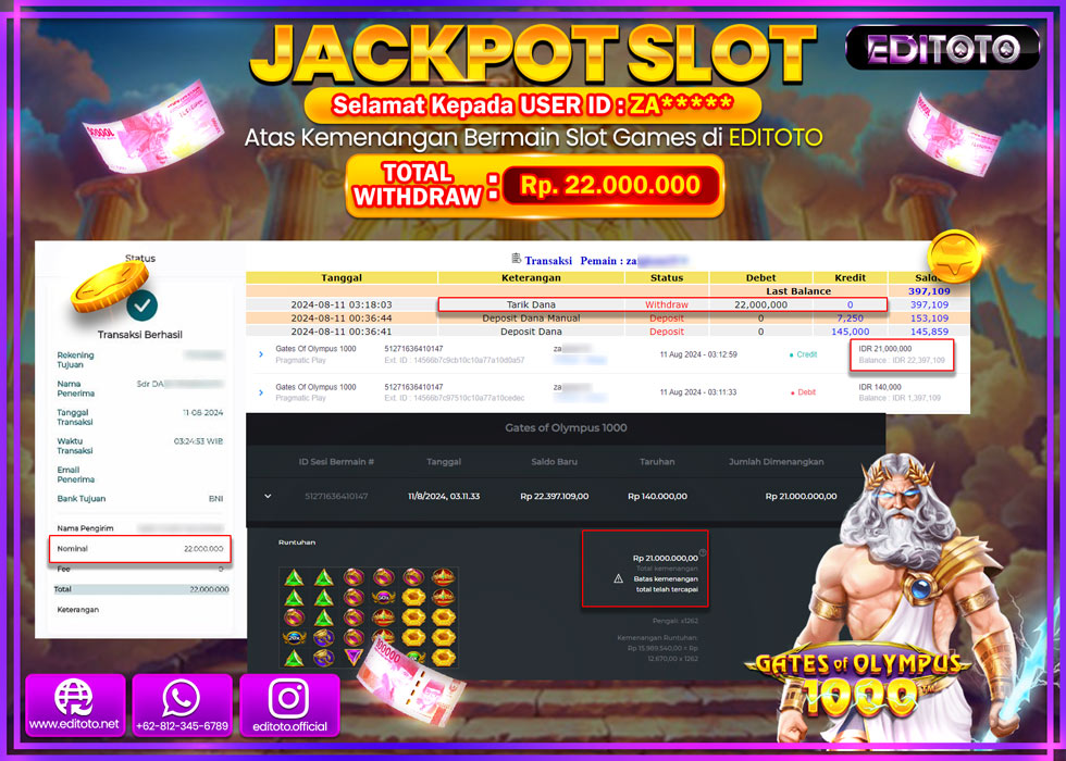 JACKPOT SLOT GATES OF OLYMPUS 1000 Rp.22.000.000.,- LUNAS