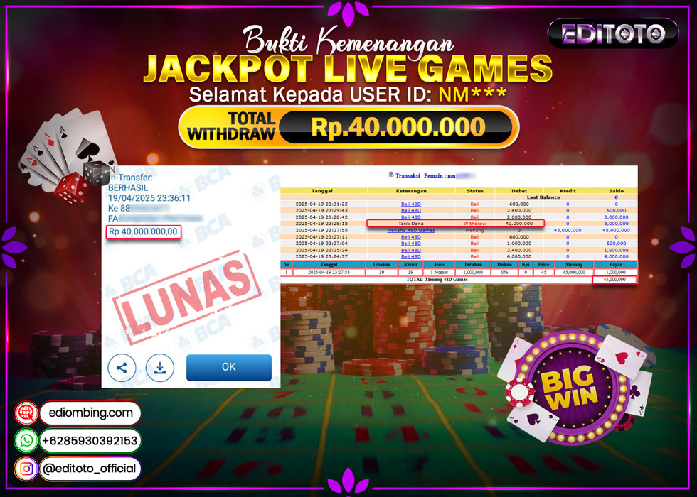 JACKPOT EDITOTO LIVE GAME 48D Rp.40.000.000.,- LUNAS