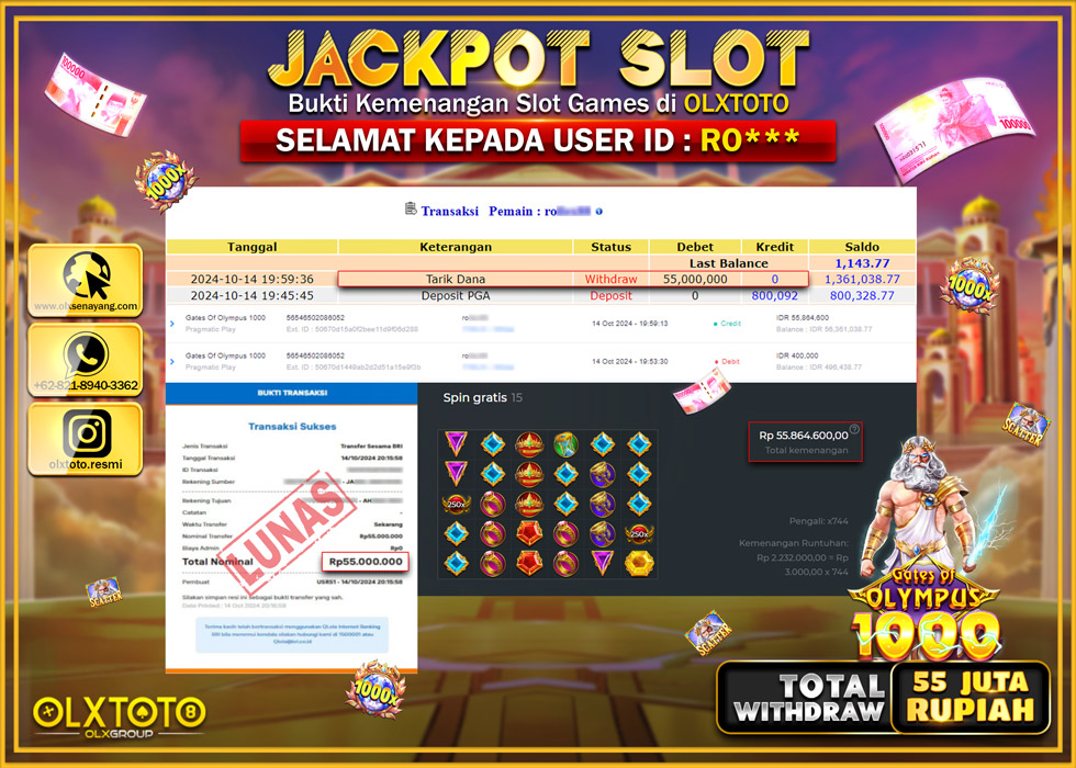 OLXTOTO JACKPOT  SLOT GATES OF OLYMPUS 1000 Rp.55.000.000.,- LUNAS