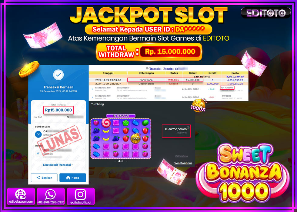 JACKPOT SLOT SWEET BONANZA 1000 Rp.15.000.000.,- LUNAS