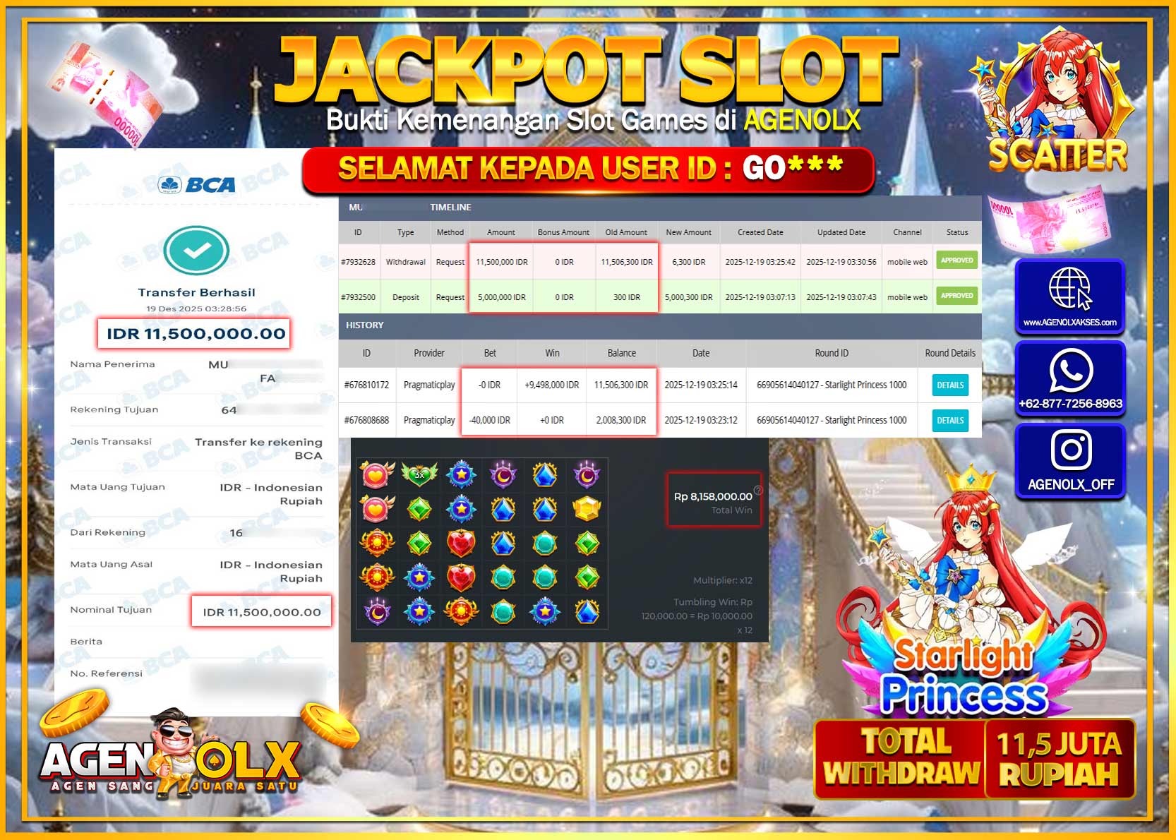 AGENOLX JACKPOT SLOT STARLIGHT PRINCESS 1000 Rp 11,500,000,- LUNAS