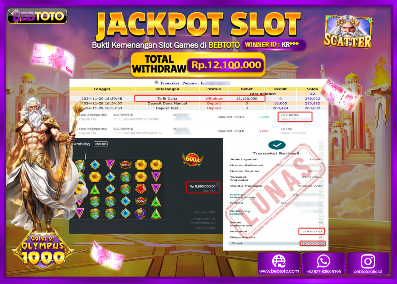 JACKPOT SLOT BEBTOTO GATES OF OLYMPUS 1000 Rp.12.100.000.,- LUNAS