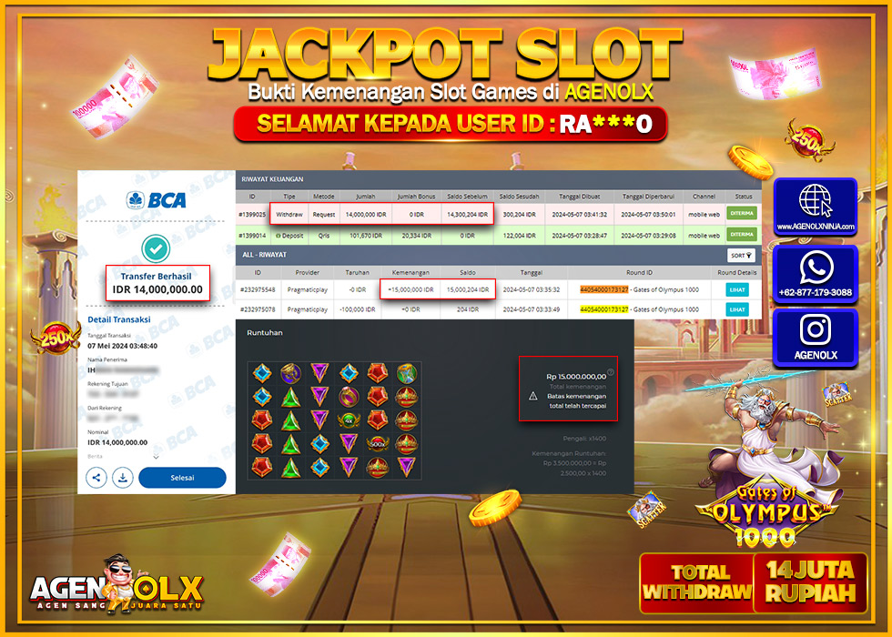 AGENOLX JACKPOT SLOT Gate of olympus 1000 Rp.14.000.000,- LUNAS