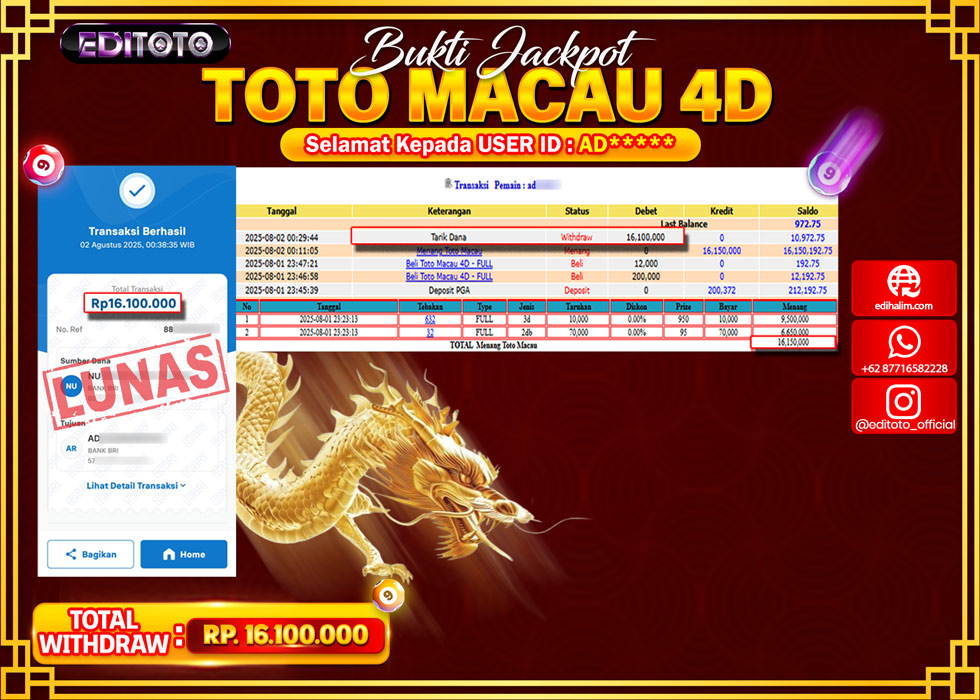 JACKPOT EDITOTO TOGEL PASARAN TOTO MACAU 4D Rp.16.100.000.,- LUNAS