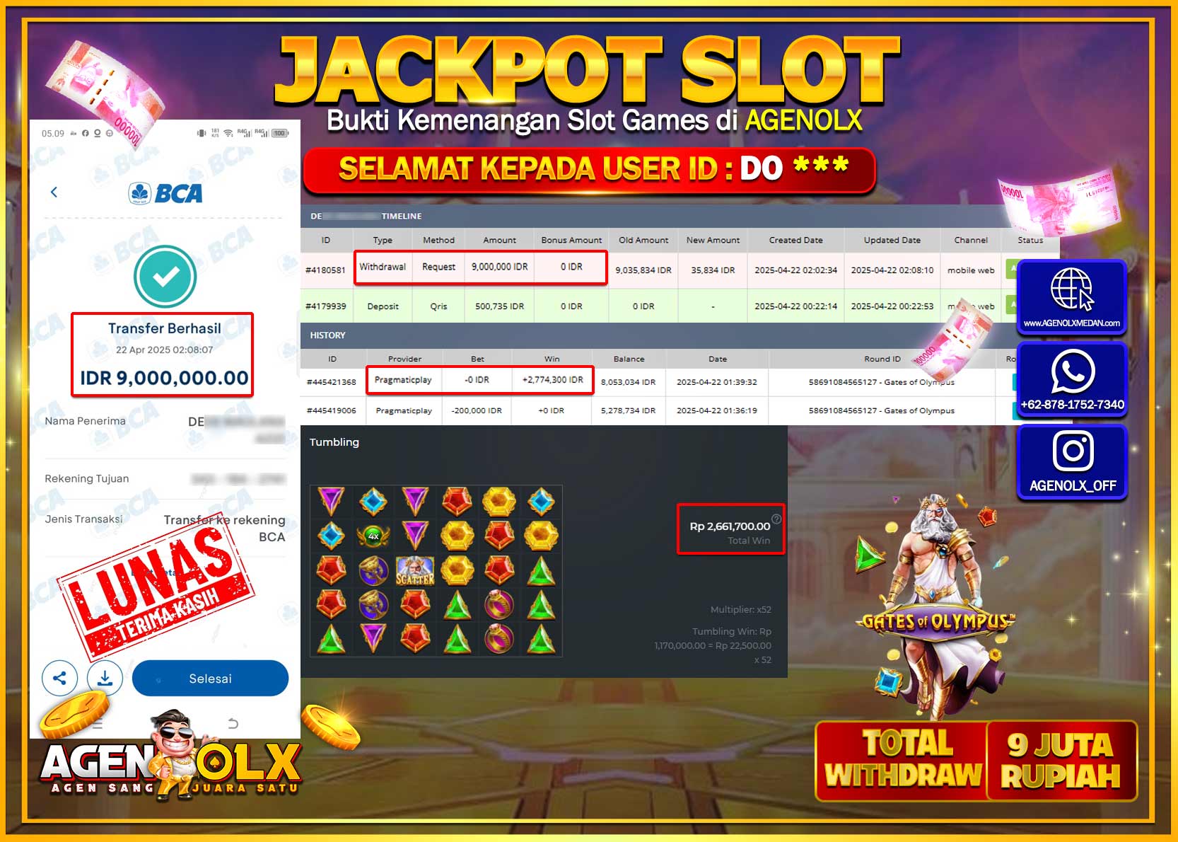 AGENOLX JACKPOT SLOT GATE OF OLYMPUS  Rp 9.000.000,- LUNAS