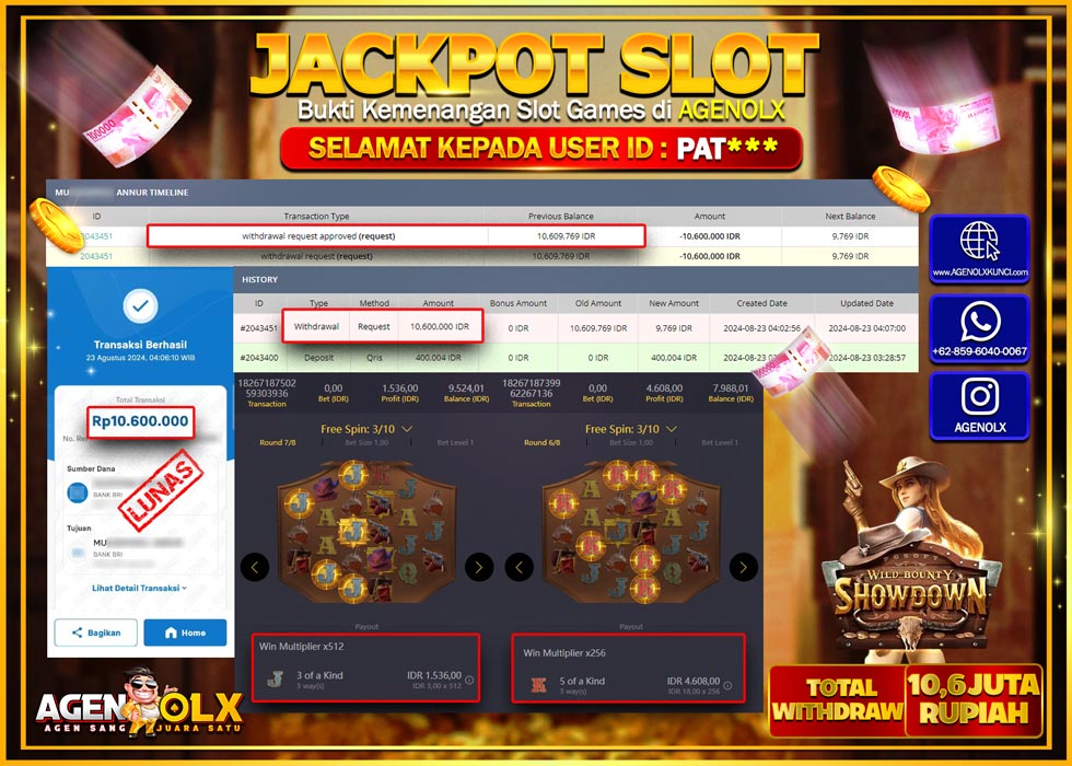 AGENOLX JACKPOT SLOT WILD BOUNTY SHOWDOWN Rp.10.600.000,- LUNAS