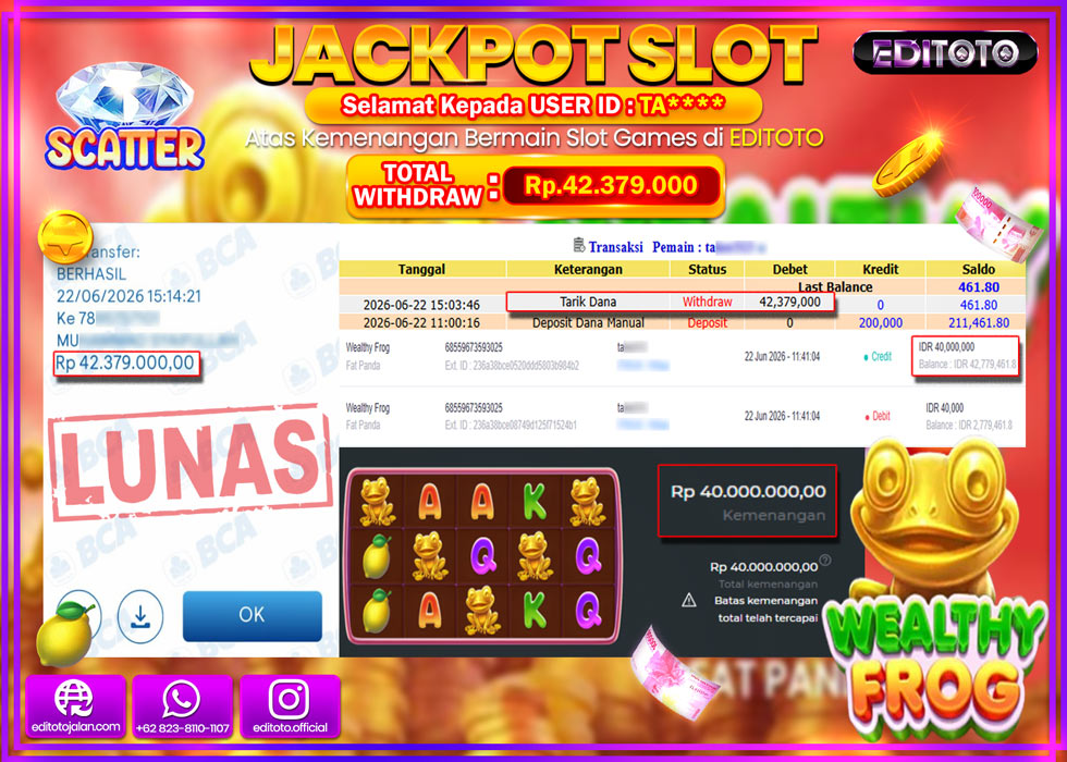 JACKPOT EDITOTO SLOT WEALTHY FROG  Rp.42.379.000,- LUNAS
