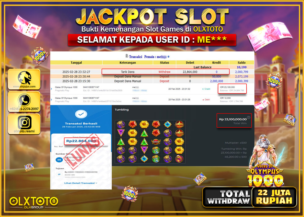 OLXTOTO JACKPOT GATES OF OLYMPUS 1000 Rp.22.000.000.,- LUNAS