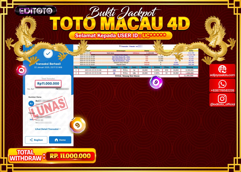 JACKPOT TOGEL PASARAN TOTOMACAU 4D Rp.11.000.000.,- LUNAS