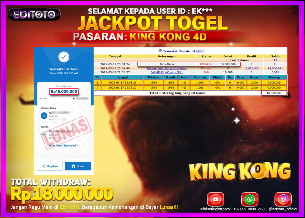 JACKPOT EDITOTO TOGEL PASARAN KING KONG 4D Rp.18.000.000.,- LUNAS