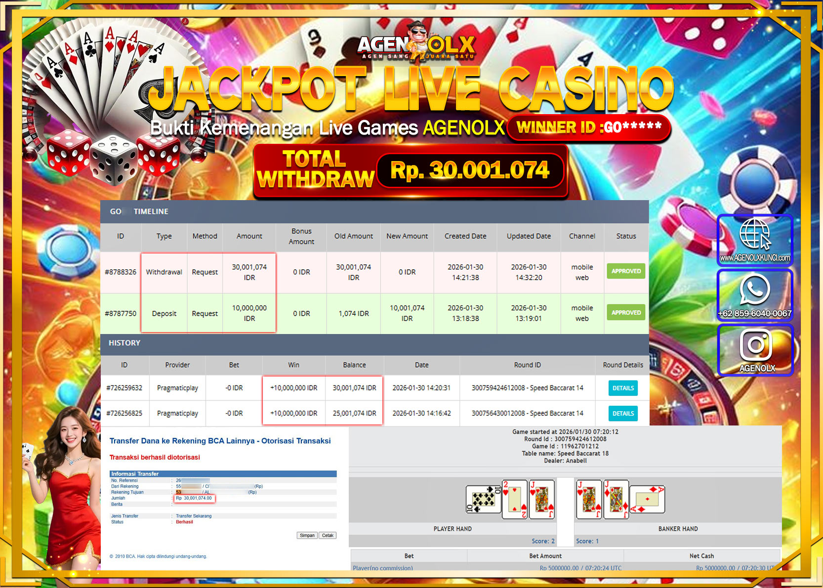 AGENOLX JACKPOT LIVE CASINO SPEED BACCARAT 14  Rp 30.001.074 - LUNAS