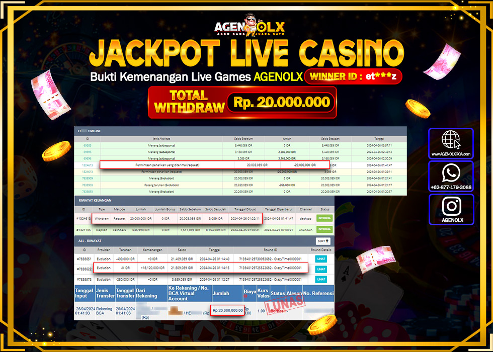 AGENOLX JACKPOT Live casino Rp.20.000.000,- LUNAS