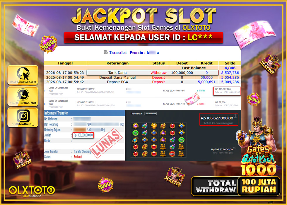 LUNATOGEL JACKPOT SLOT GATES OF GATOTKACA 1000 Rp.100.000.000,- LUNAS