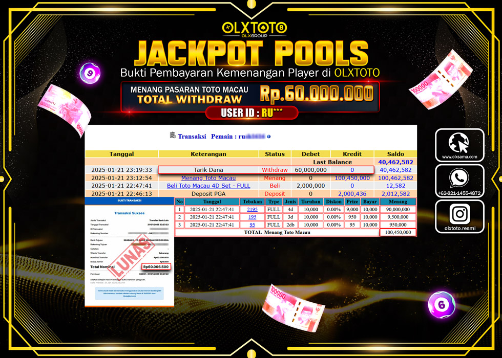 OLXTOTO JACKPOT  TOGEL POOL TOTO MACAU Rp.60.000.000.,- LUNAS
