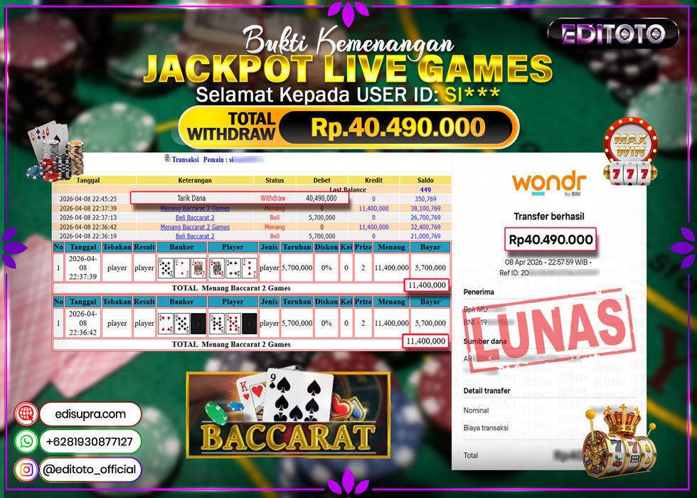 JACKPOT EDITOTO LIVE GAMES BACCARAT 2 Rp. 40.490.000.,- LUNAS